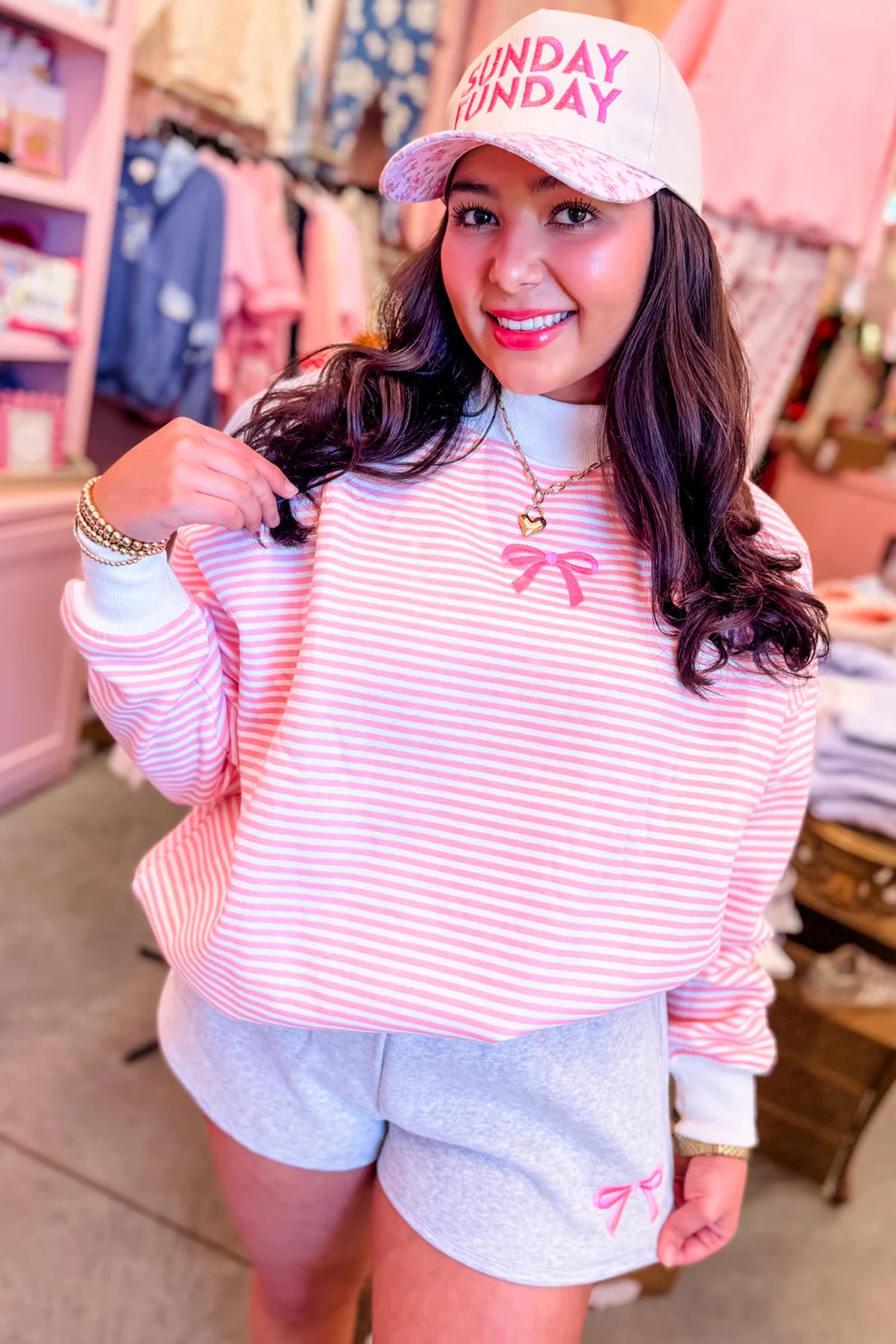 Pink Stripe Embroidered Bow High Neck Sweatshirt