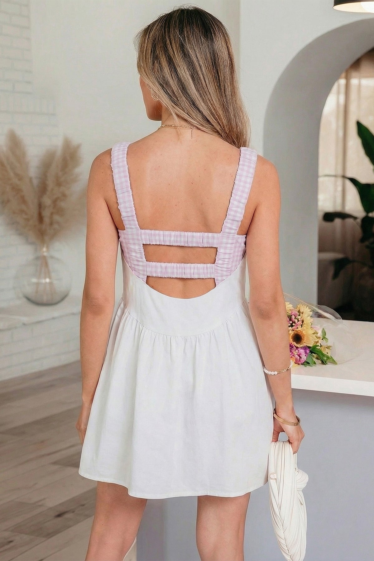 Yellow Cream Faux Gingham Contrast Patchwork Loose Mini Dress