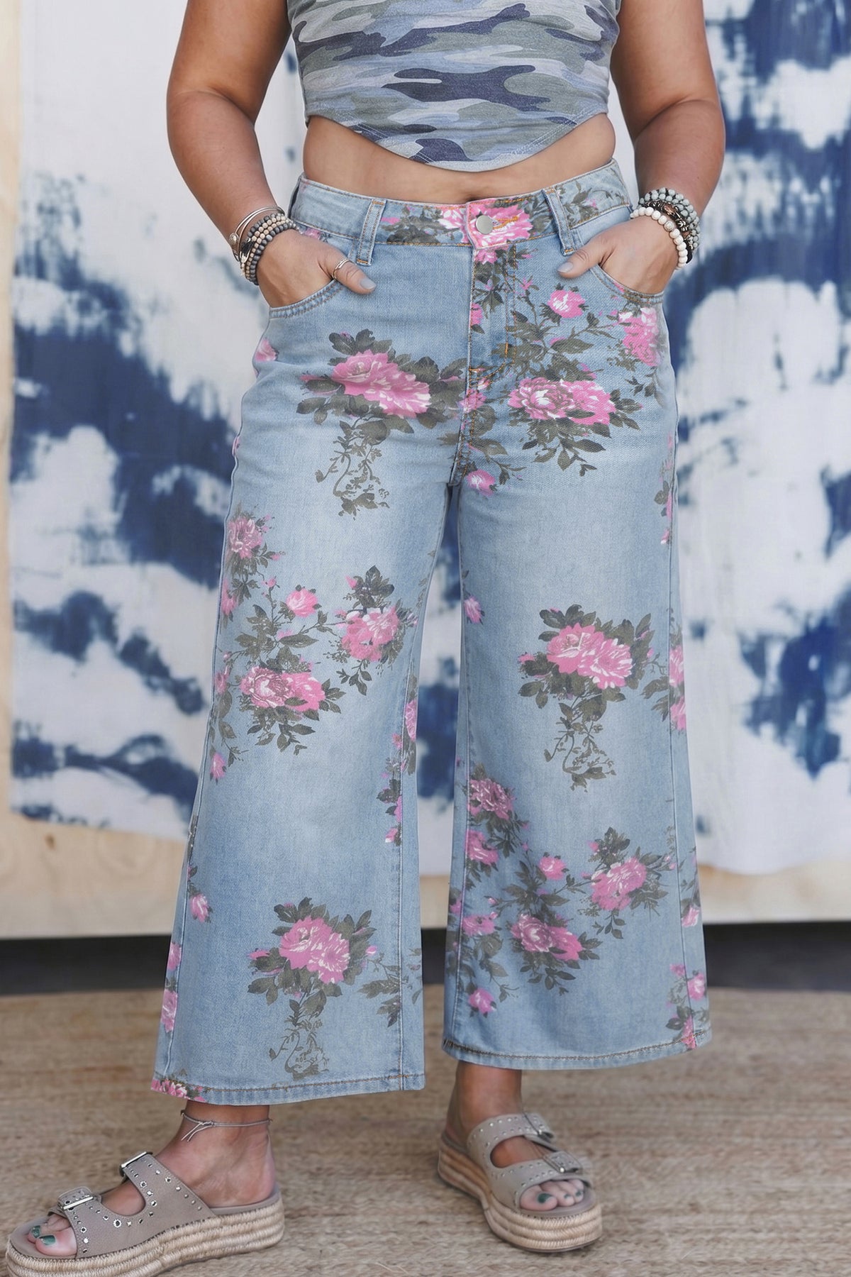 Sky Blue Plus Size Floral Print Ankle-Length Loose Jeans
