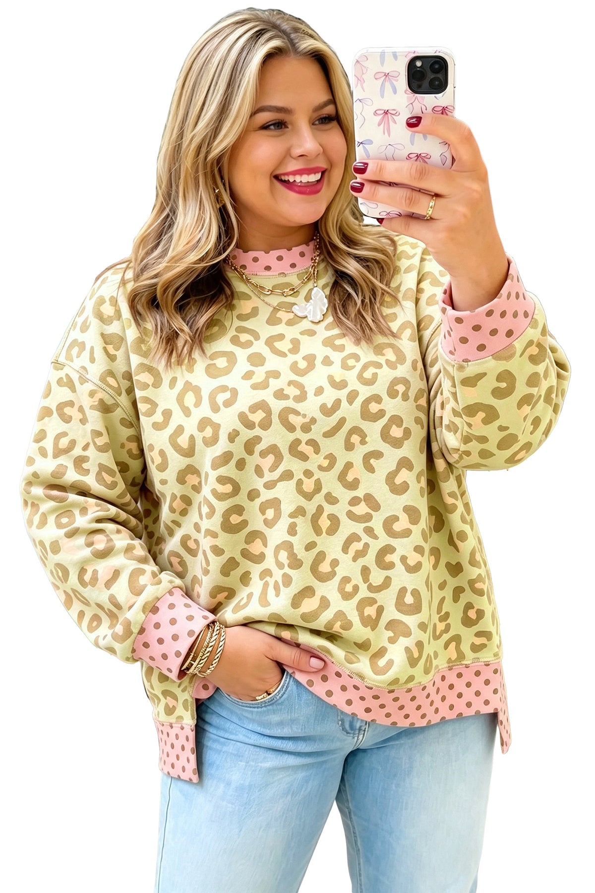 Khaki Plus Size Leopard Print Contrast Polka Dot Trim Long-Sleeve Top