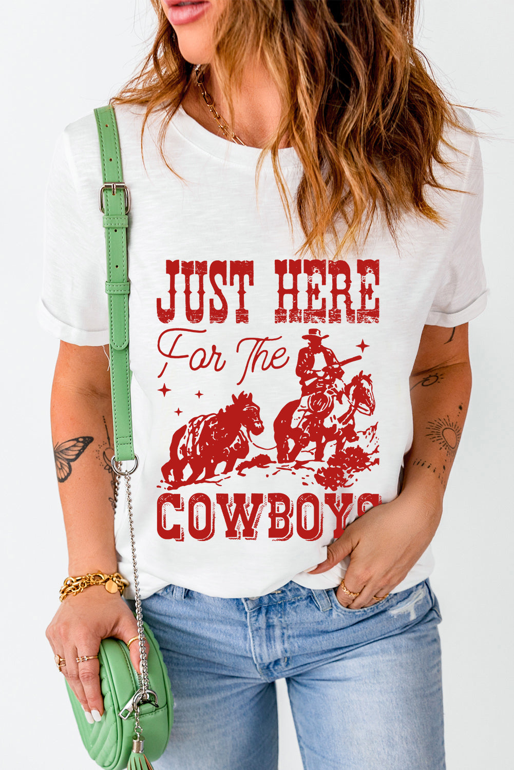 White JUST HERE For THE COWBOY Cuffed Sleeve Crew Neck T-Shirt