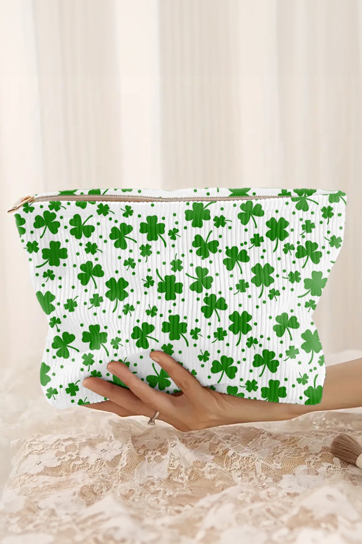 White St Patricks Lucky Clover Printed Soft Ribbed Makeup Bag