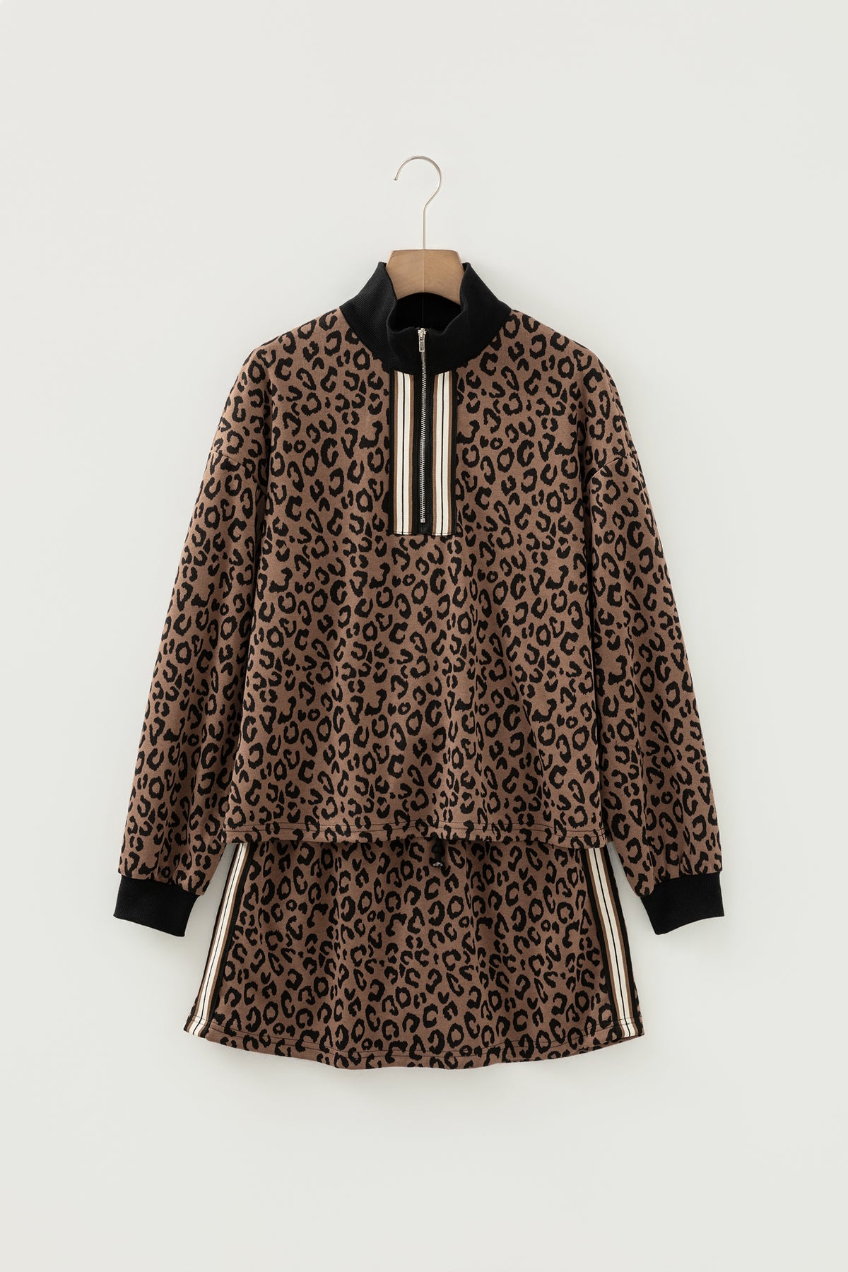 Women's Khaki Leopard Print Quarter Zip Long-Sleeve Top Mini Skort Set
