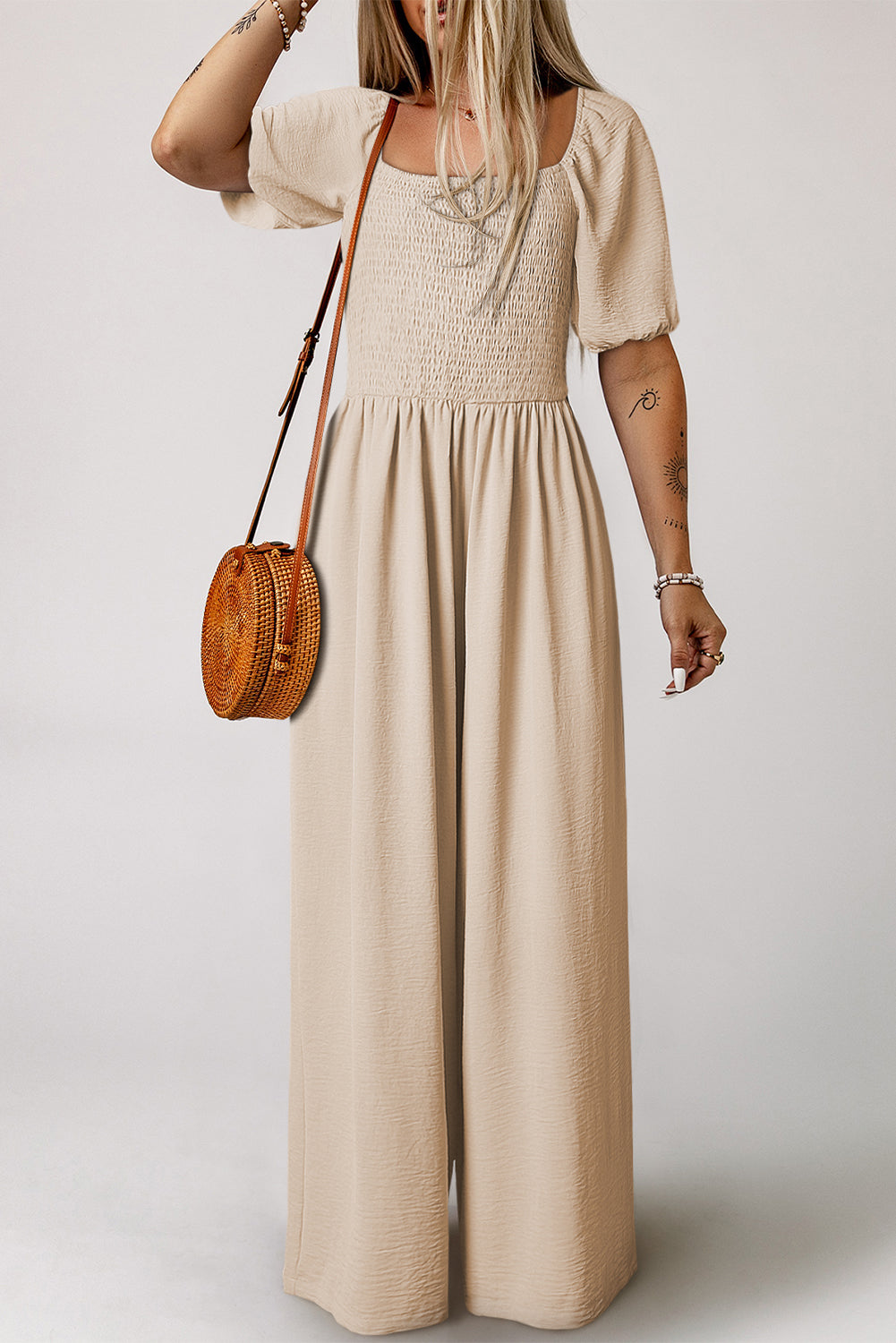 Apricot Short Bubble Sleeve Smocked Wide Leg Jumpsuit