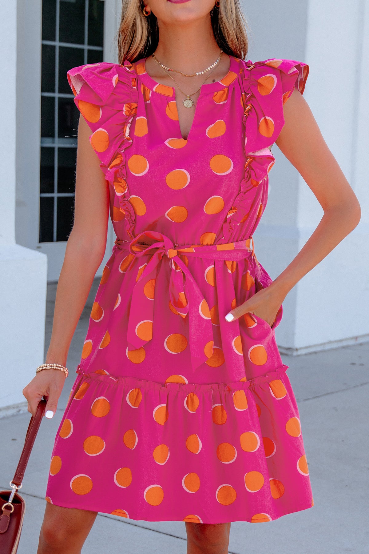 Rose Polka Dot Ruffle V-Neck Mini Dress