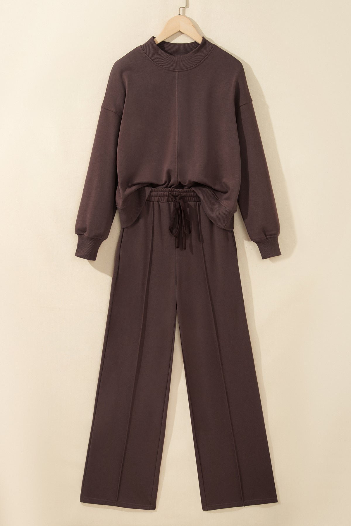 Women's Coffee Piping Trim Mock Neck Pullover Drawstring Pants Set