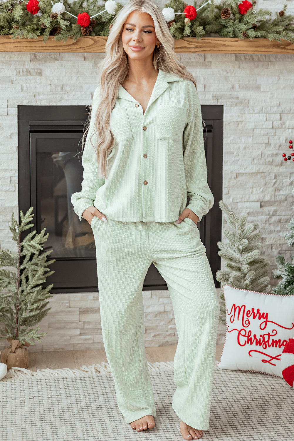 Women's Clearly Aqua Textured Patched Chest Pocket Shirt and Pants Set