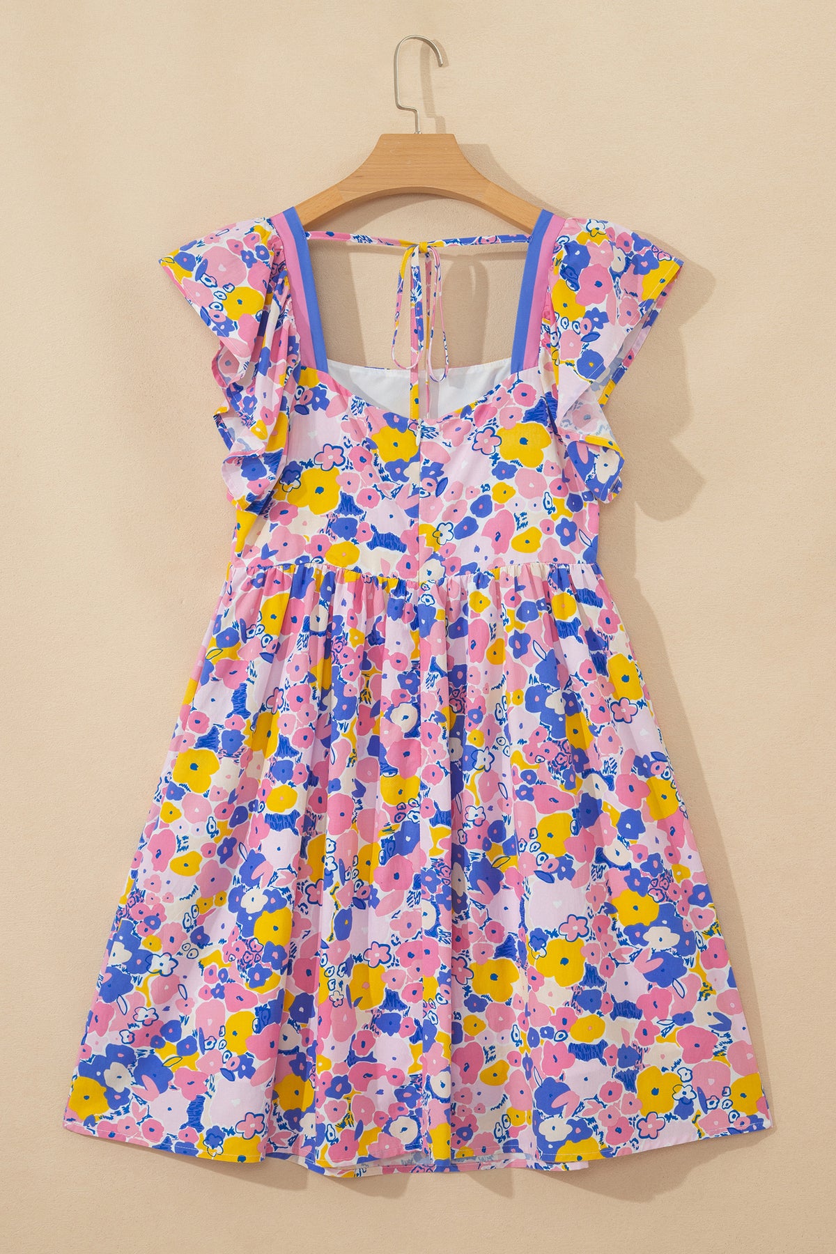 Multicolour Floral Print Flutter Sleeve Striped Square Neck Mini Dress