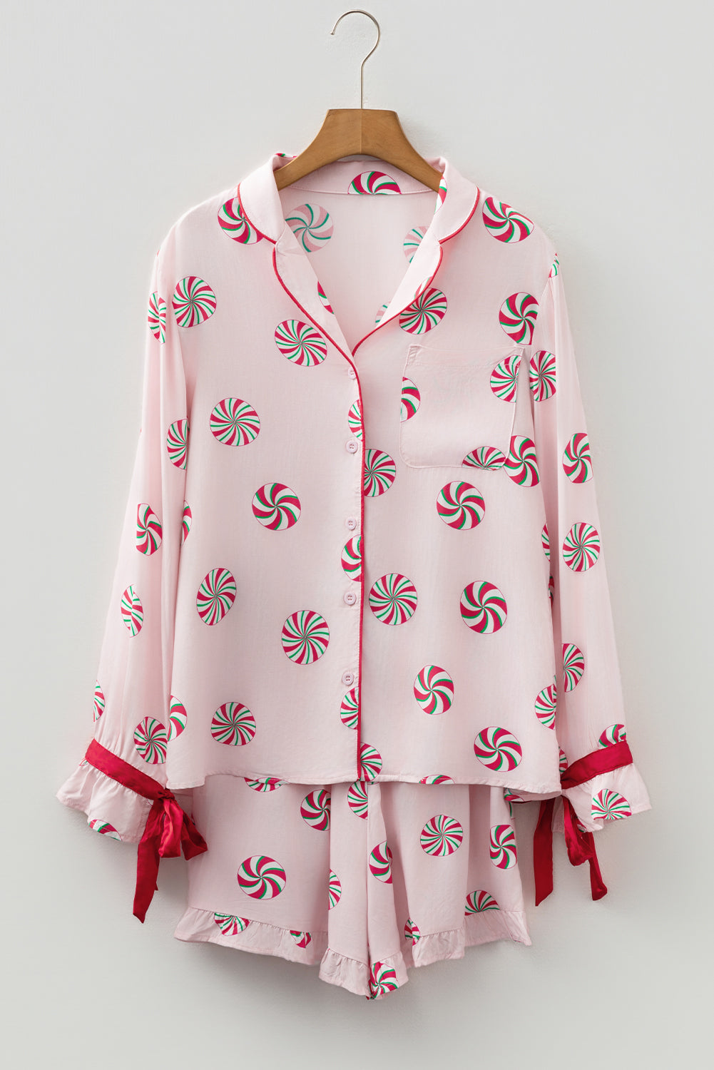 Green Christmas Candy Contrast Trim Bow Knot Silky Pajama Set