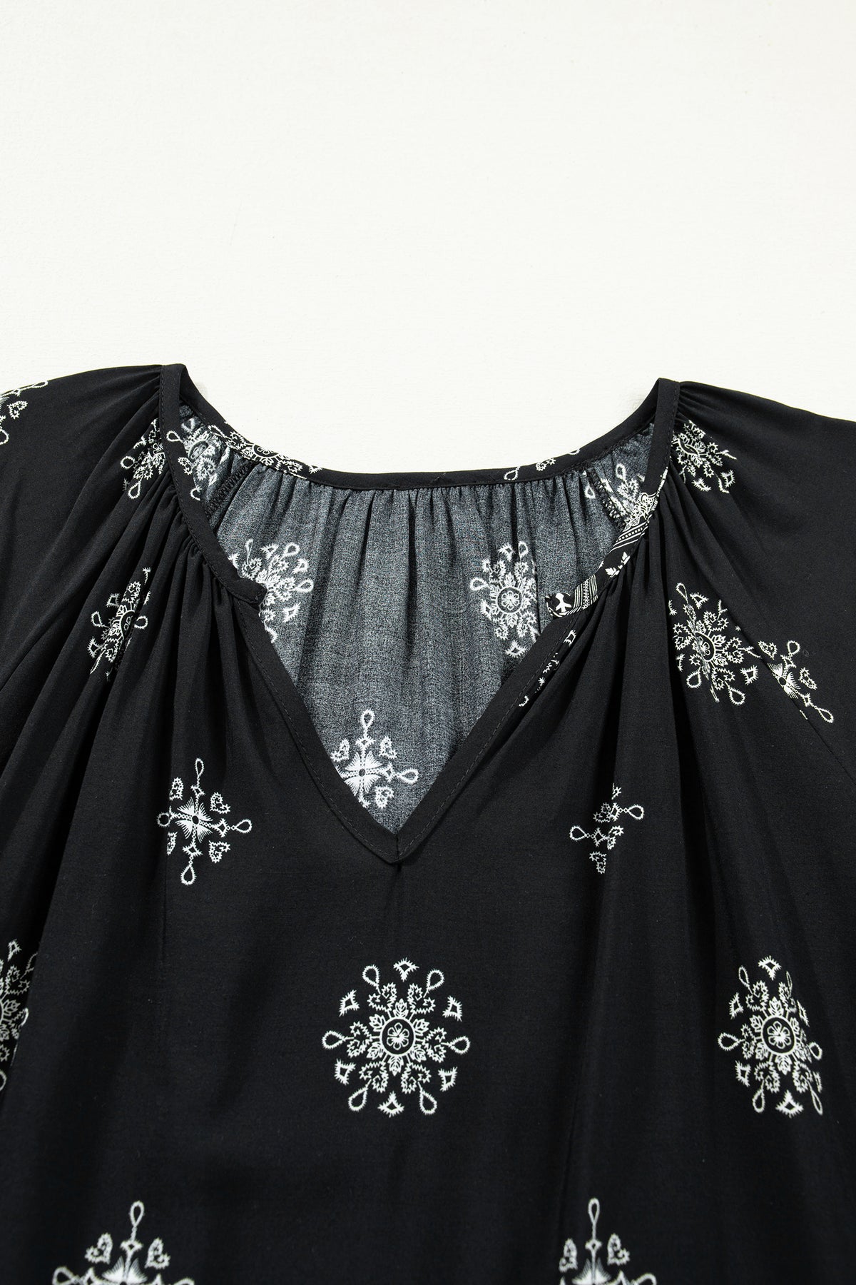 Black Boho Chic Notched V-Neck Plus Floral Short-Sleeve Top