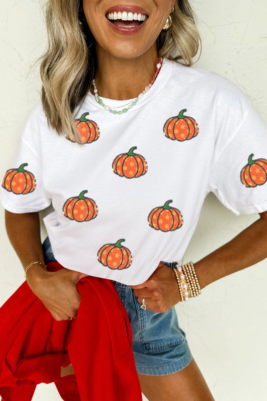 White Sequined Star Pumpkin Graphic Casual Round Neck T-Shirt