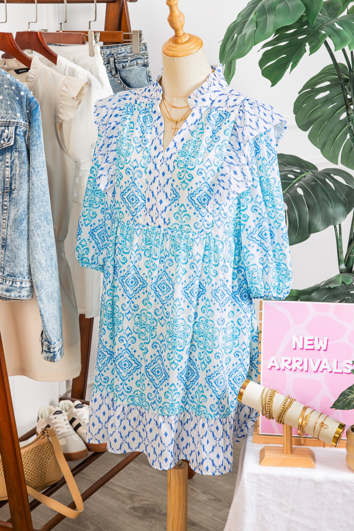 Sky Blue Boho Floral Geometric Patchwork Ruffle Puff Sleeve Mini Dress