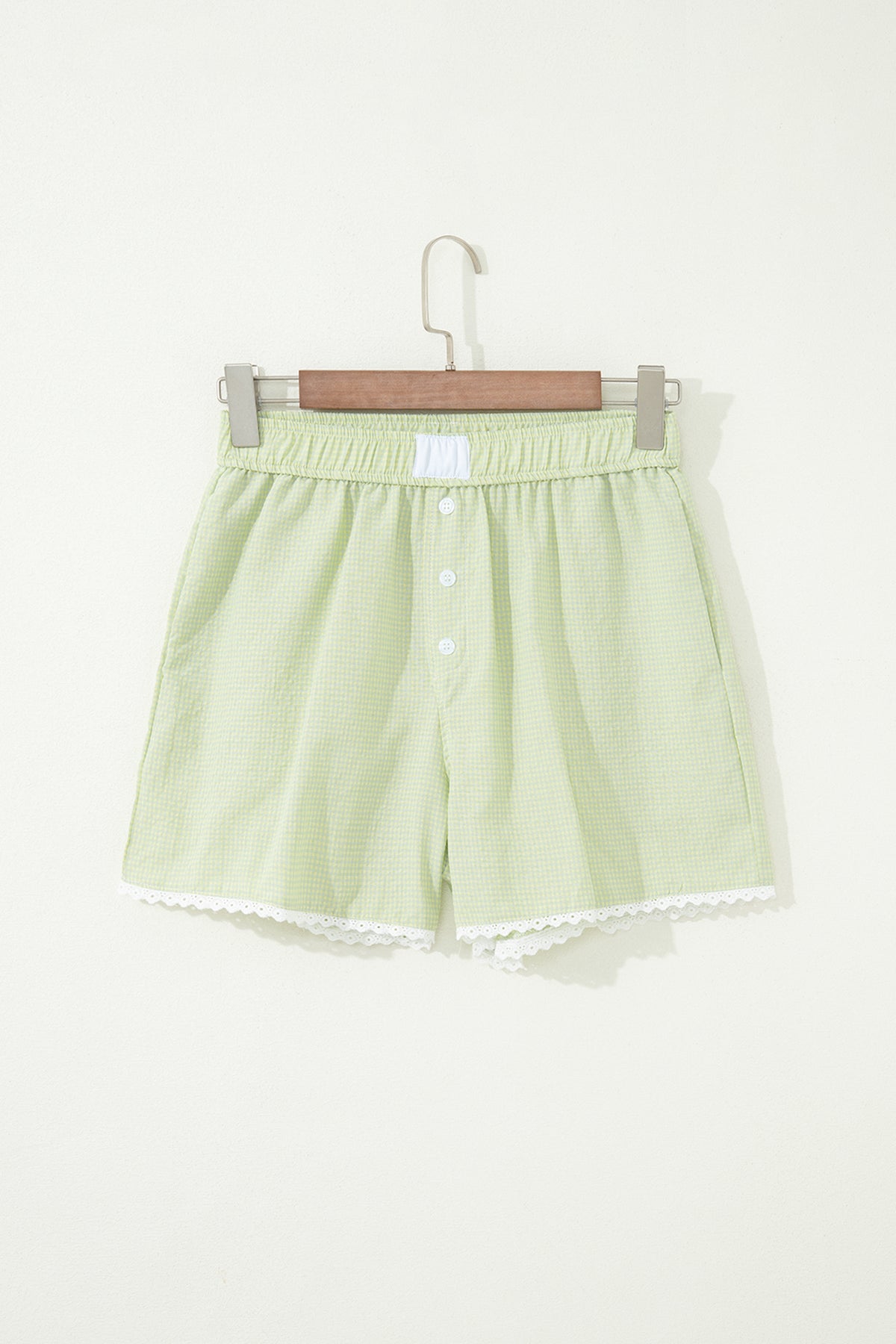 Green Gingham Plaid Button Lace Trim Boxer Shorts