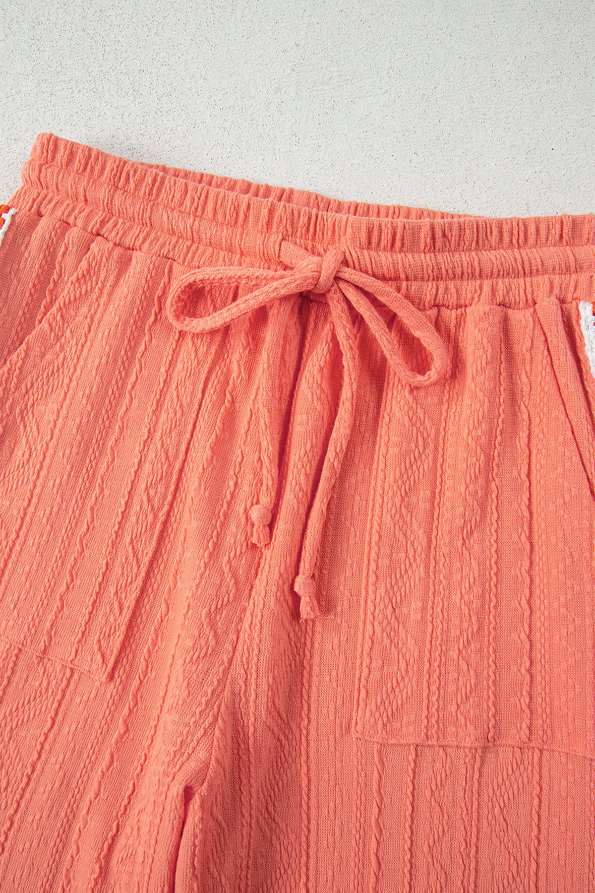 Women's Grapefruit Orange Crochet Floral Accent V-Neck Textured Pants Set