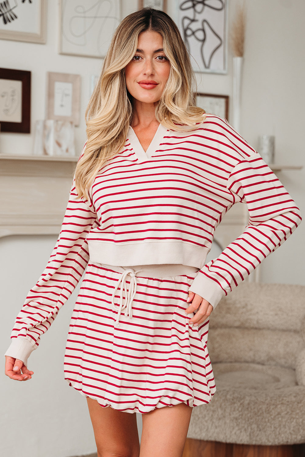 Women's Red Stripe Cropped Collared Drop Shoulder Pullover and Bubble Mini Skirt Set