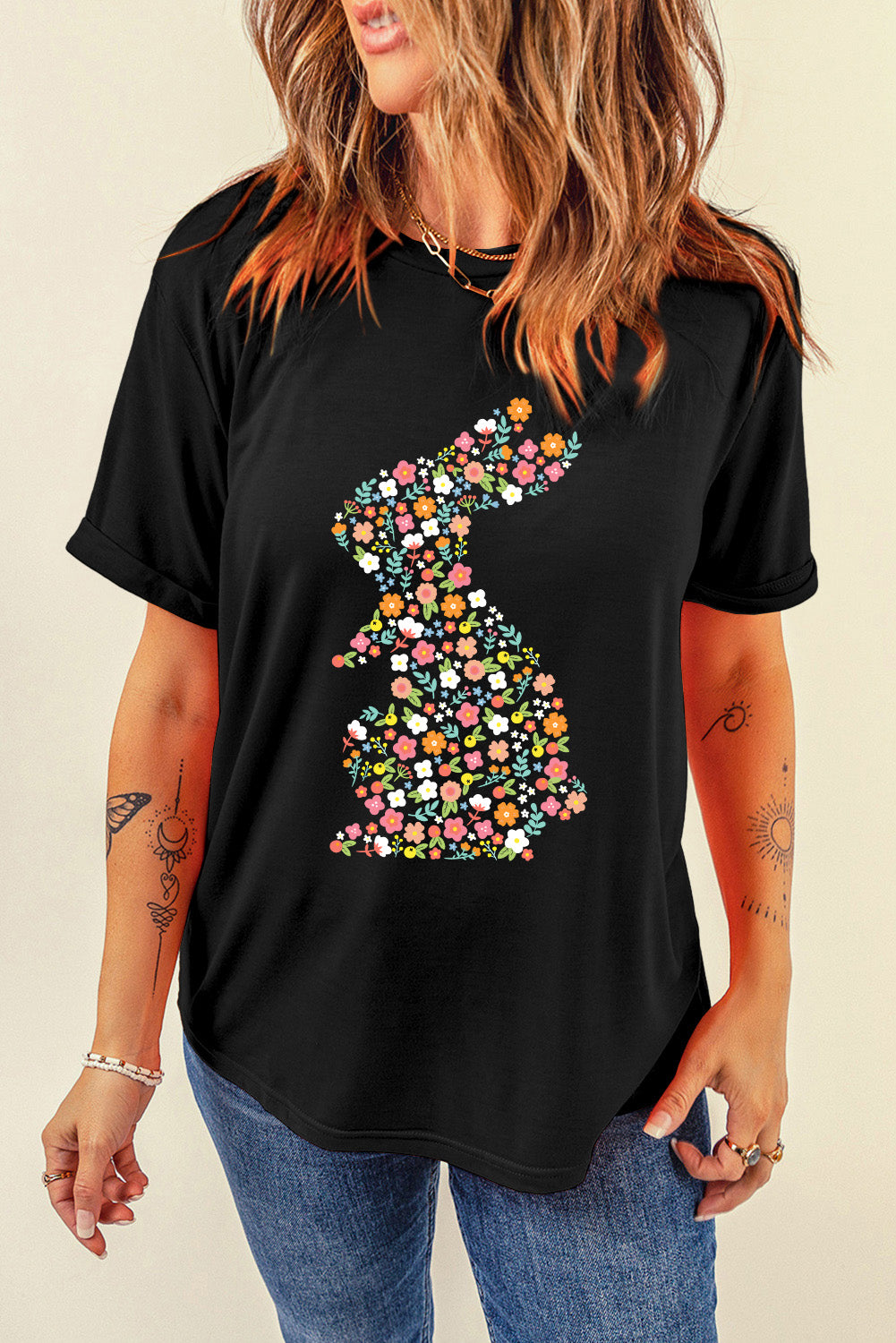 Black Colorful Floral Bunny Graphic Easter T-Shirt