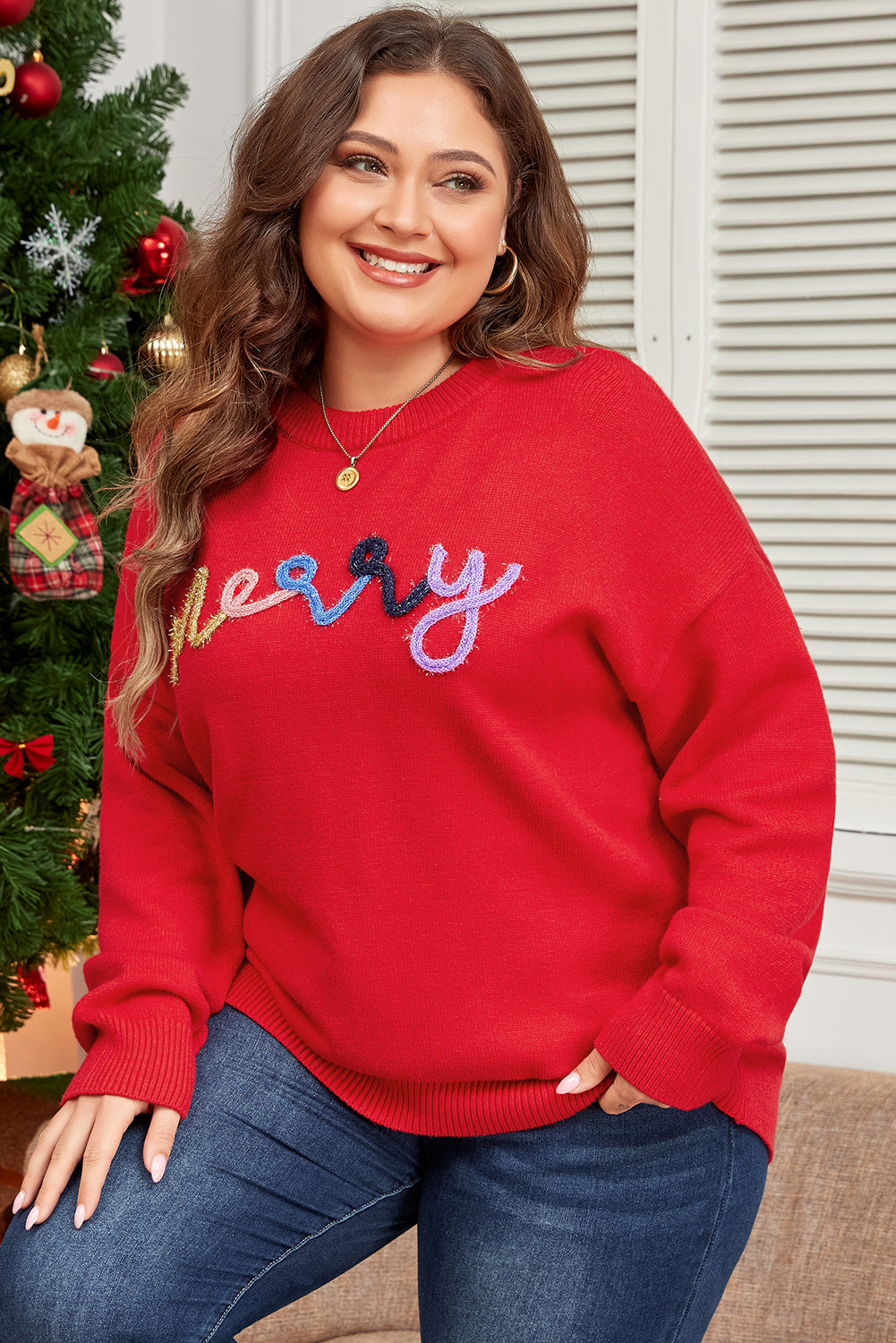 Fiery Red Tinsel merry Pattern Drop-Shoulder Plus Size Sweater
