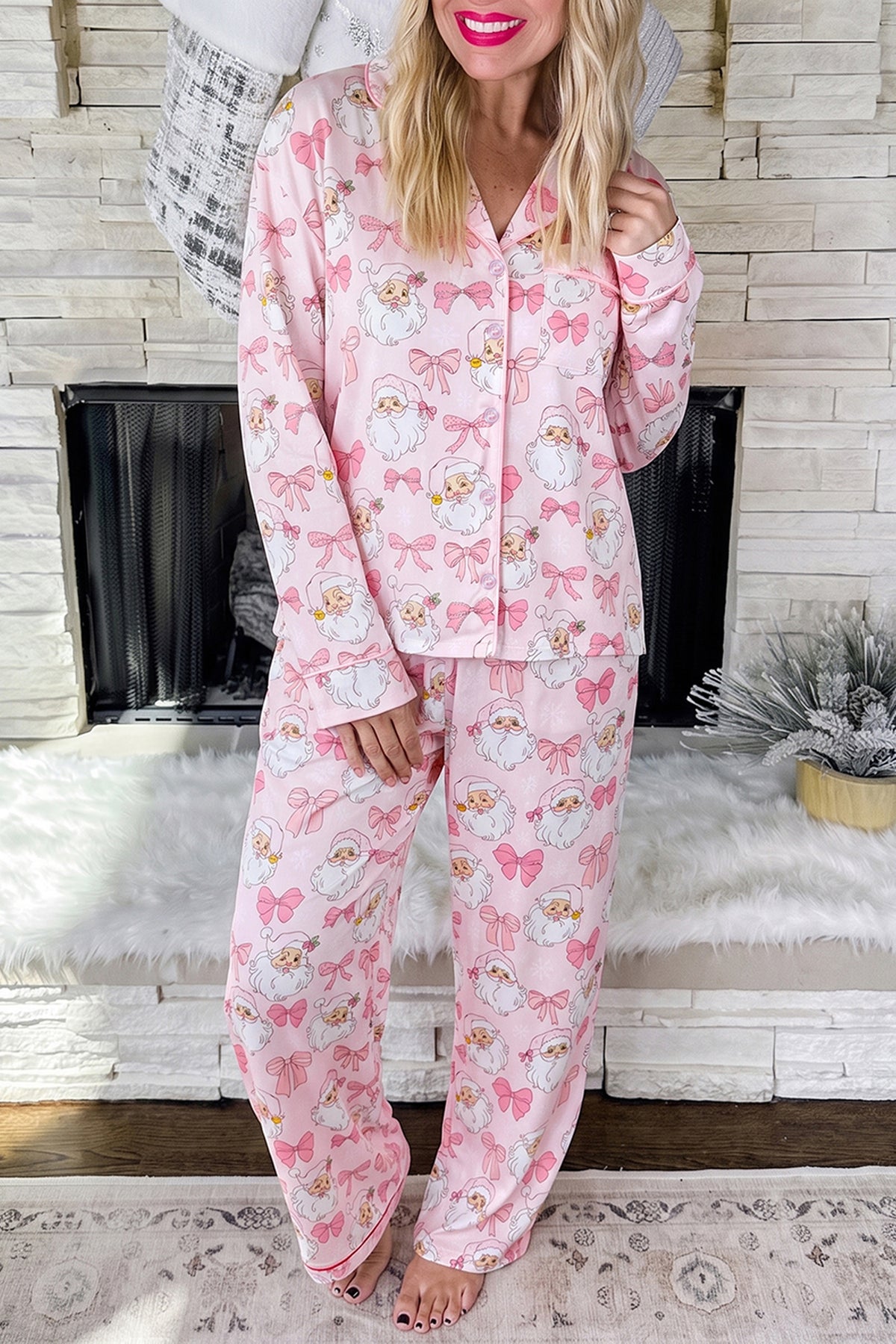 Pink Abstract Santa Print Long Sleeve Full-Length Lounge Set