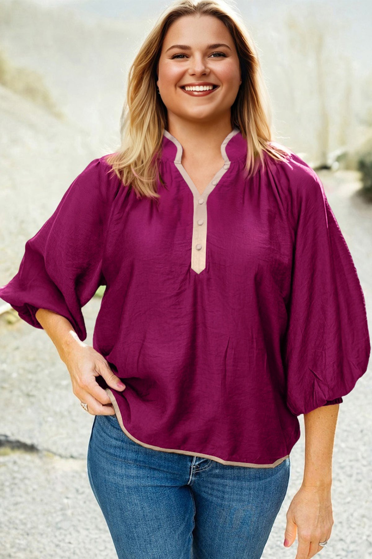 Wild Ginger Plus Size Contrast Trim Button V-Neck Puffy Bracelet Sleeve Blouse