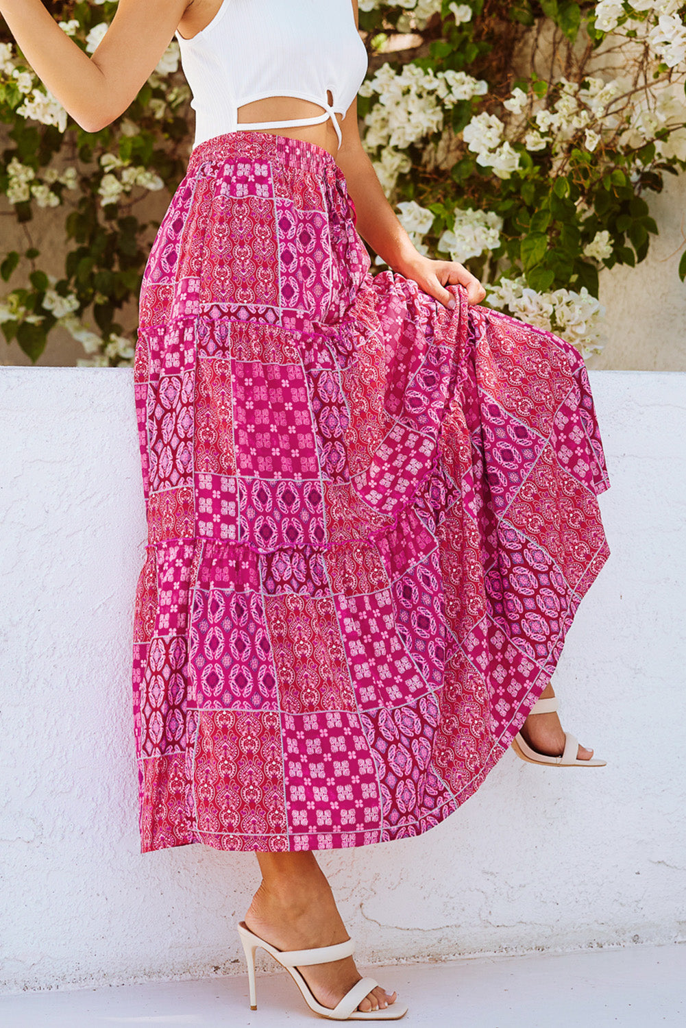 Purple Tiered Paisley Print Pocketed Maxi Skirt