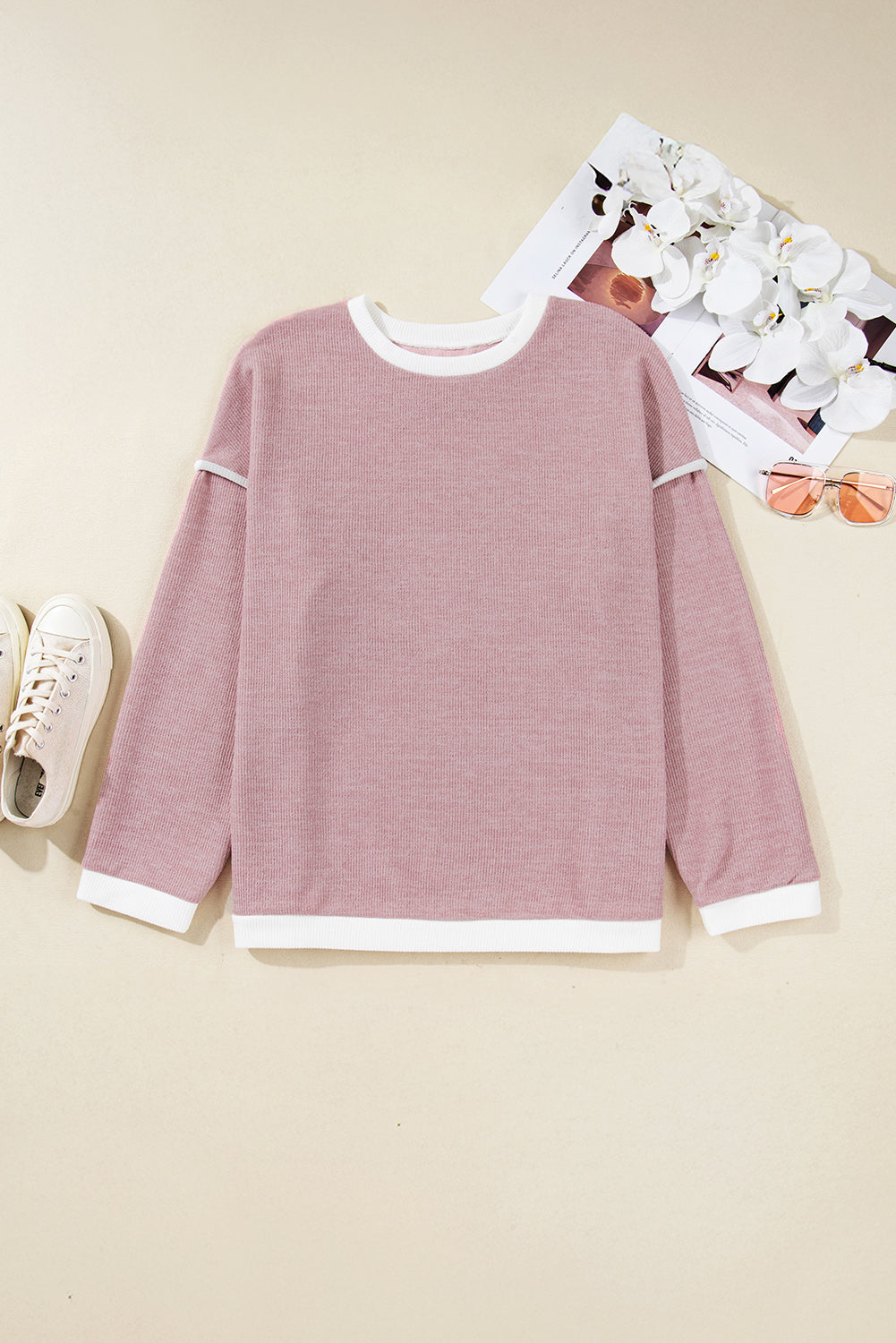 Light Pink Contrast Trim Knitted Drop-Shoulder Plus Size Top