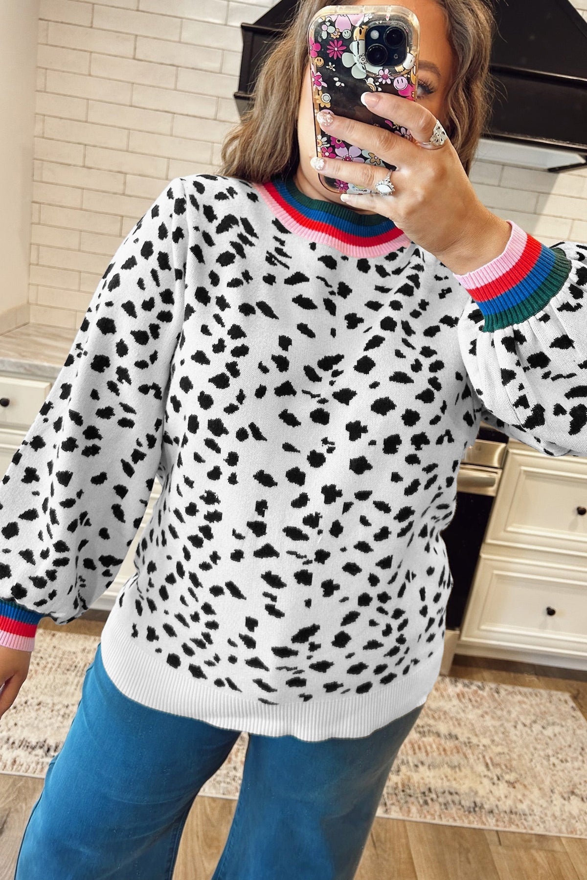 White Leopard Print Color-Block Round-Neck Long-Sleeve Tunic Plus Size Sweater
