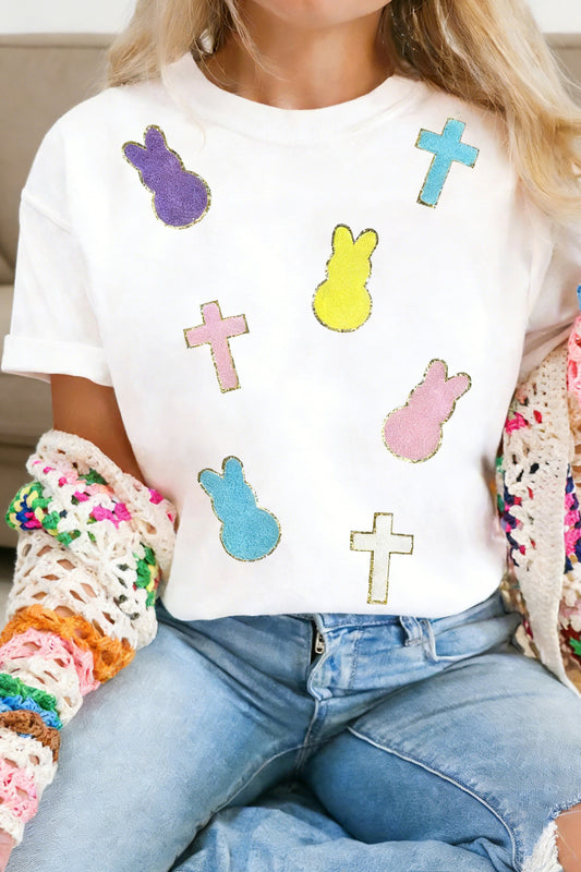 White Chenille Bunny Cross Patch Easter T-Shirt