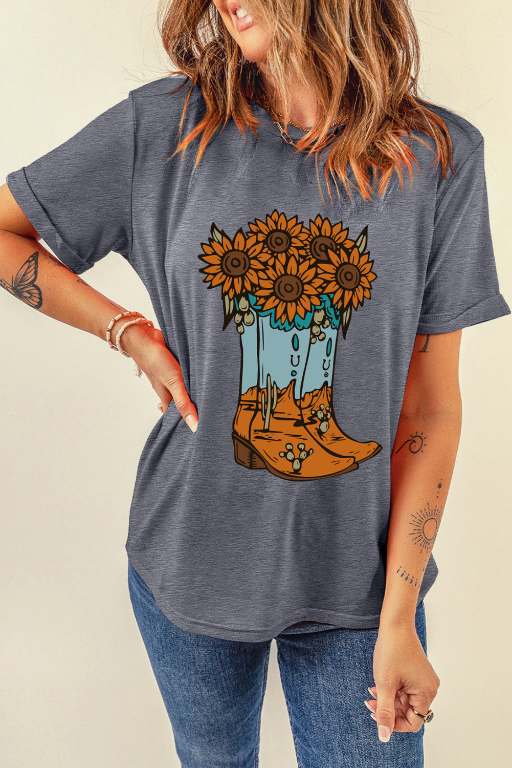 Gray Sunflower Cowgirl Boots Print Western Fashion T-Shirt