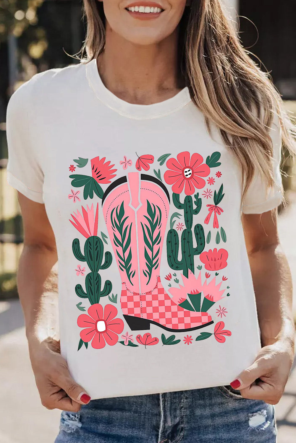 White Western Boots Flower Print Round Neck T-Shirt