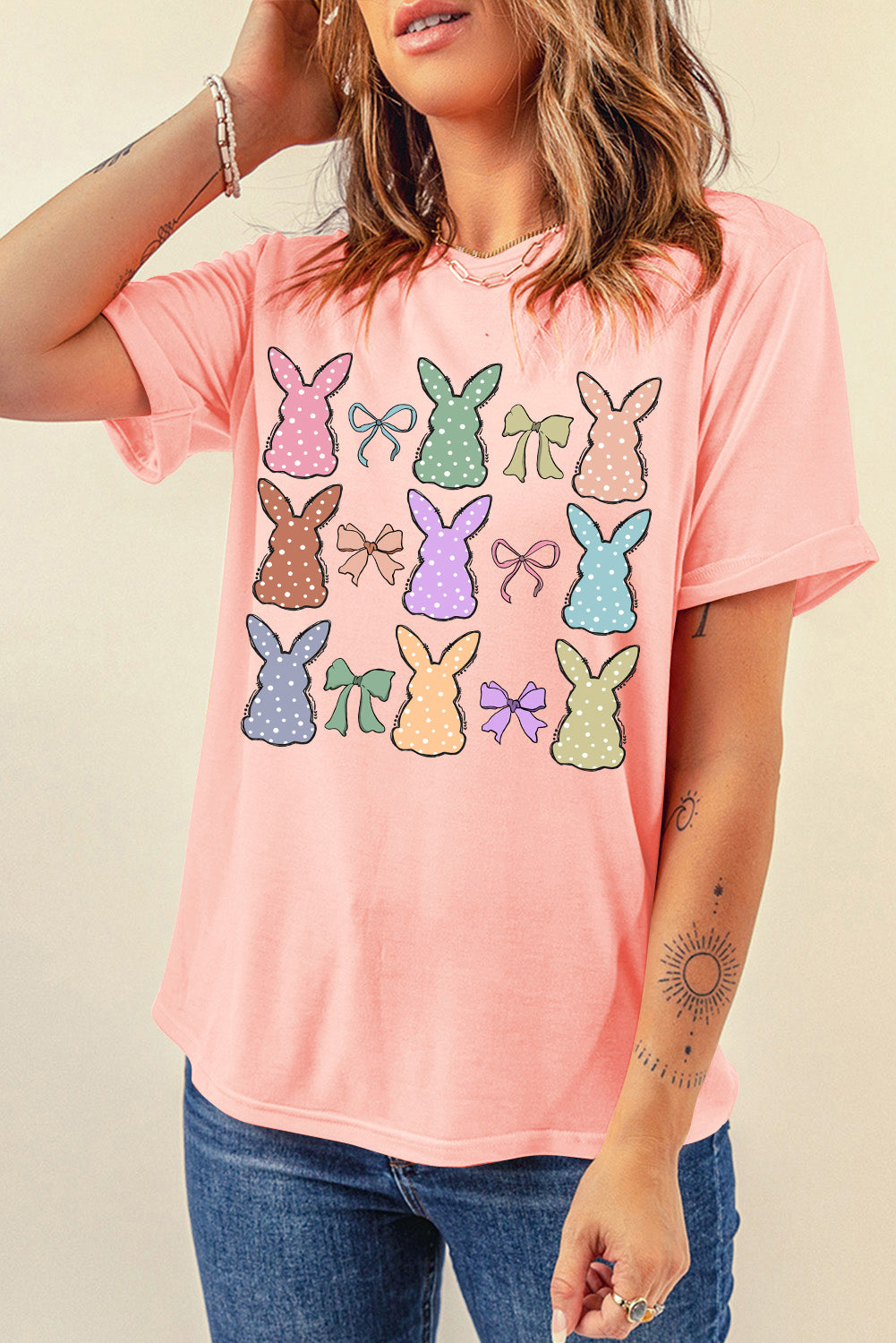 Pink Dotty Bunny Bow Printed Easter Day Fashion T-Shirt