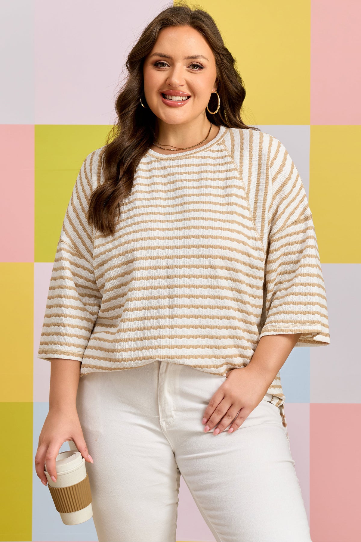 Apricot Stripe Plus Size Textured Patchwork Detail Half-Sleeve Top