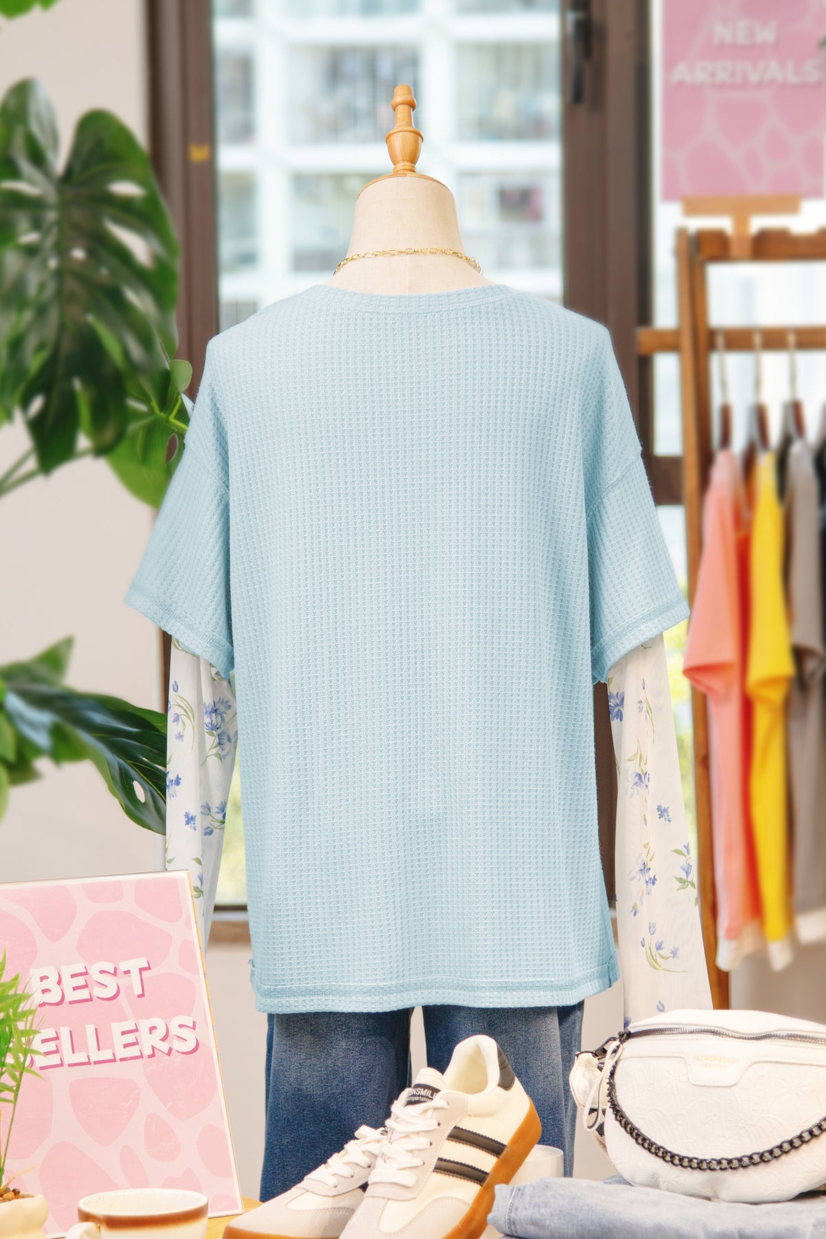 Beau Blue Floral Lace Sleeve Patchwork Waffle Faux Layered Top