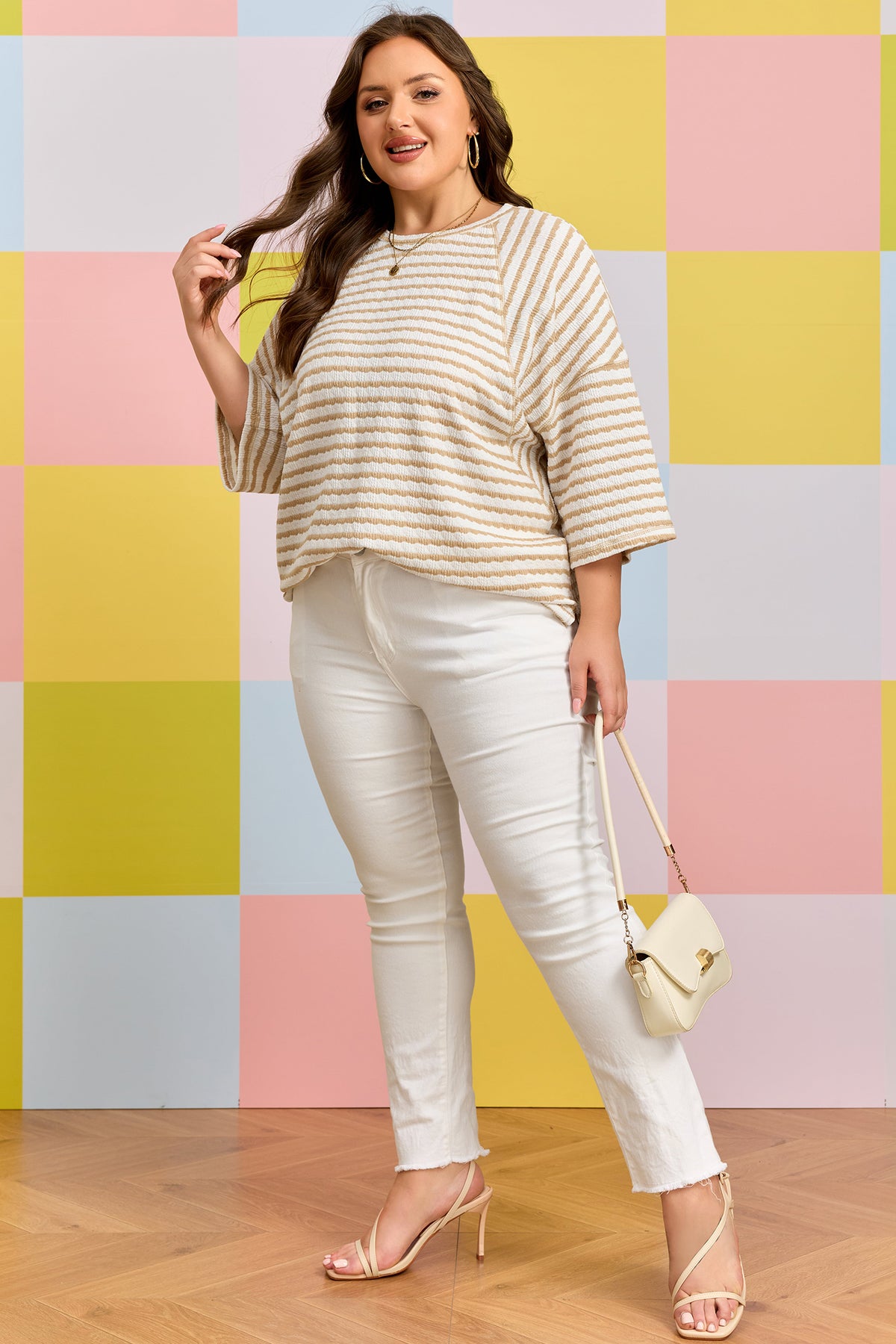Apricot Stripe Plus Size Textured Patchwork Detail Half-Sleeve Top