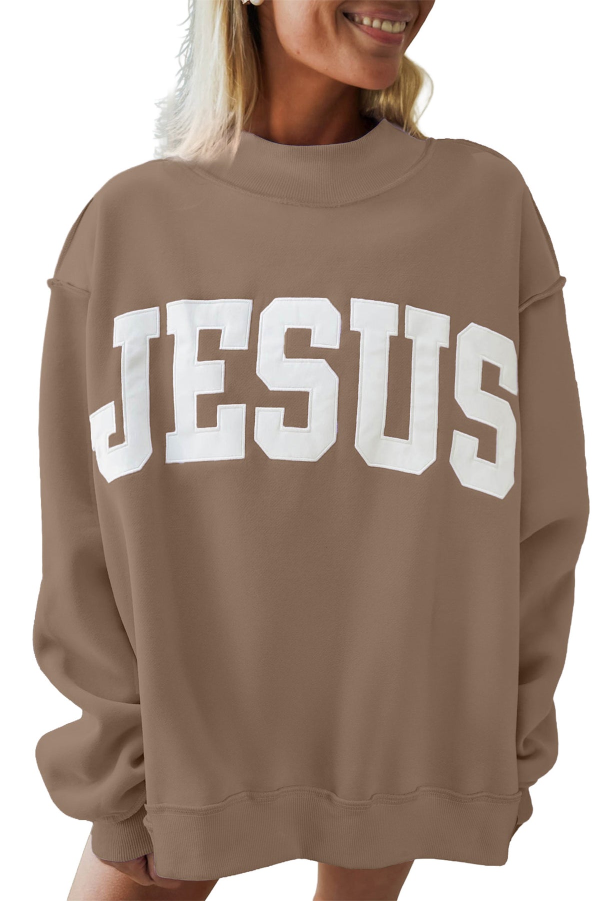 Meadow Mist Green JESUS Letter Patch Graphic Sweatshirt