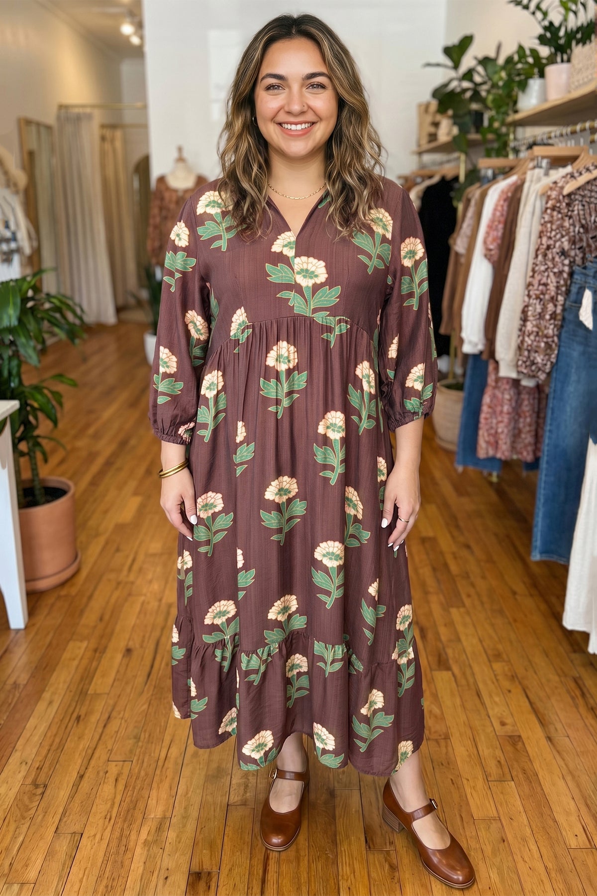 Brown Floral Print V-Neck Long-Sleeve Loose Shift Plus Size Dress