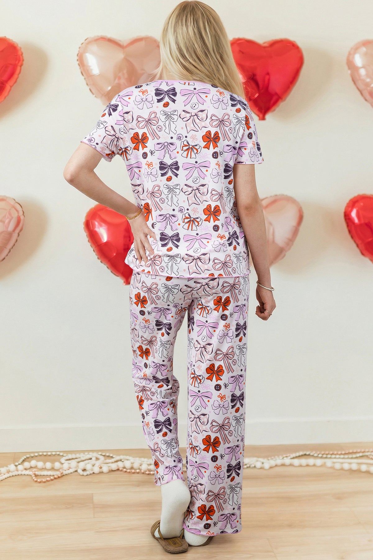 Pink Bows and Buttons Print Short Sleeve Shirt and Pants Pajama Set