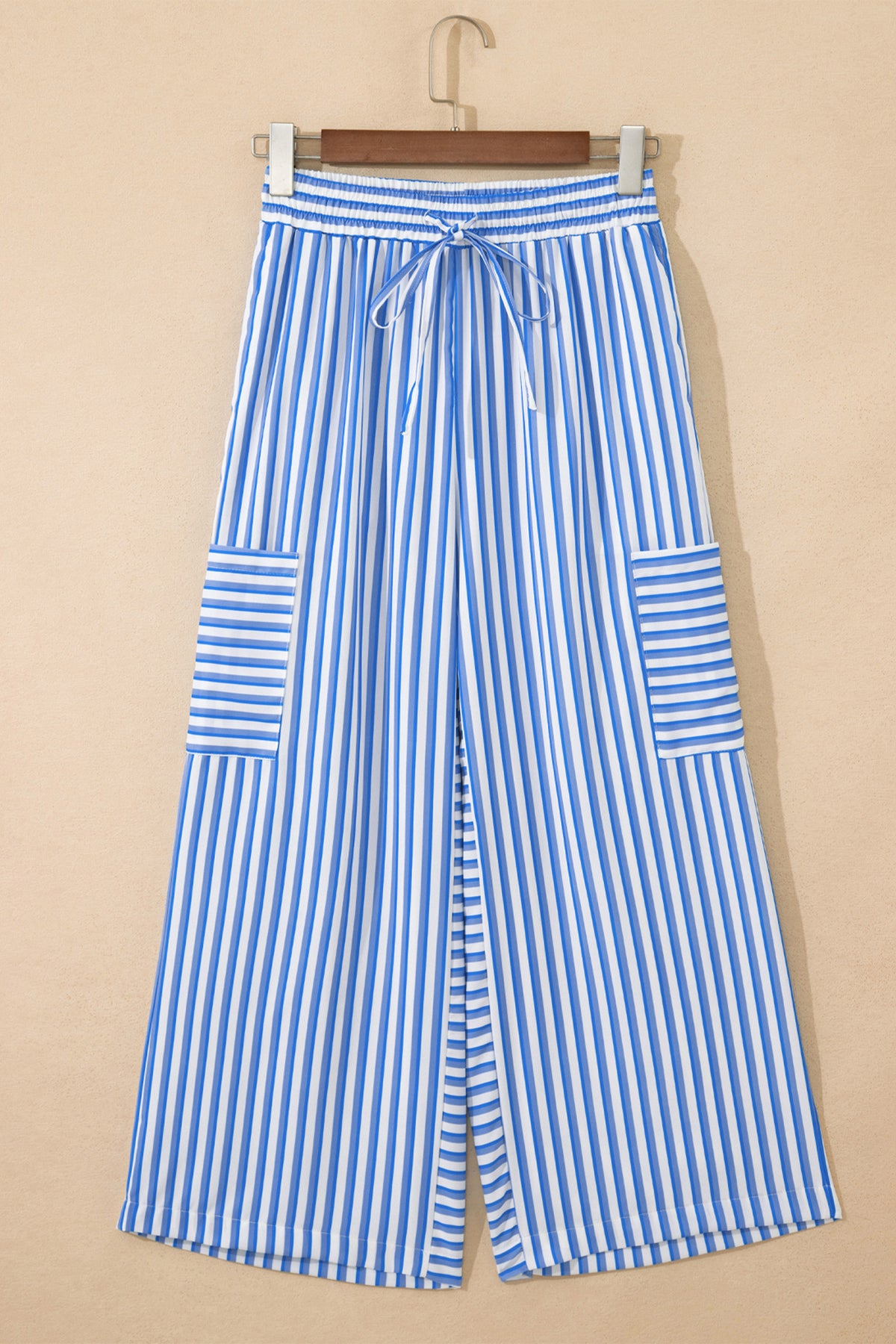 Sky Blue Stripe Drawstring Elastic Waist Patch Pocket Wide Leg Pants