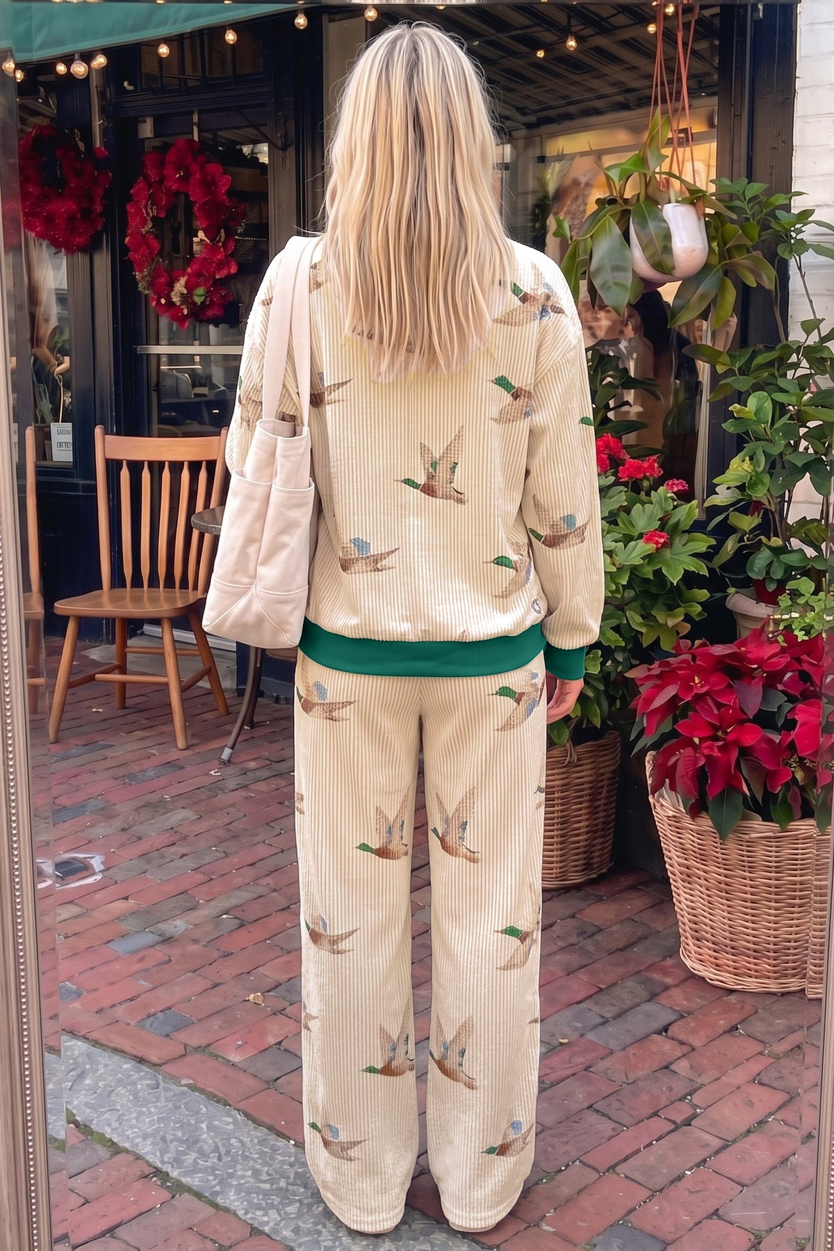 Beige Mallard Duck Print Ribbed Top and Pants Set