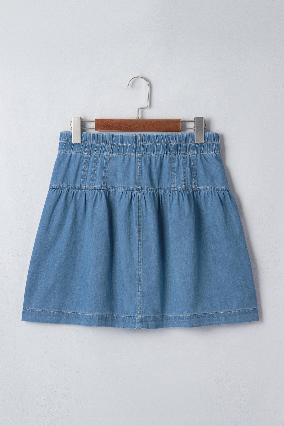 Sky Blue Half Buttons Pleated High Waist Denim Mini with Skirt