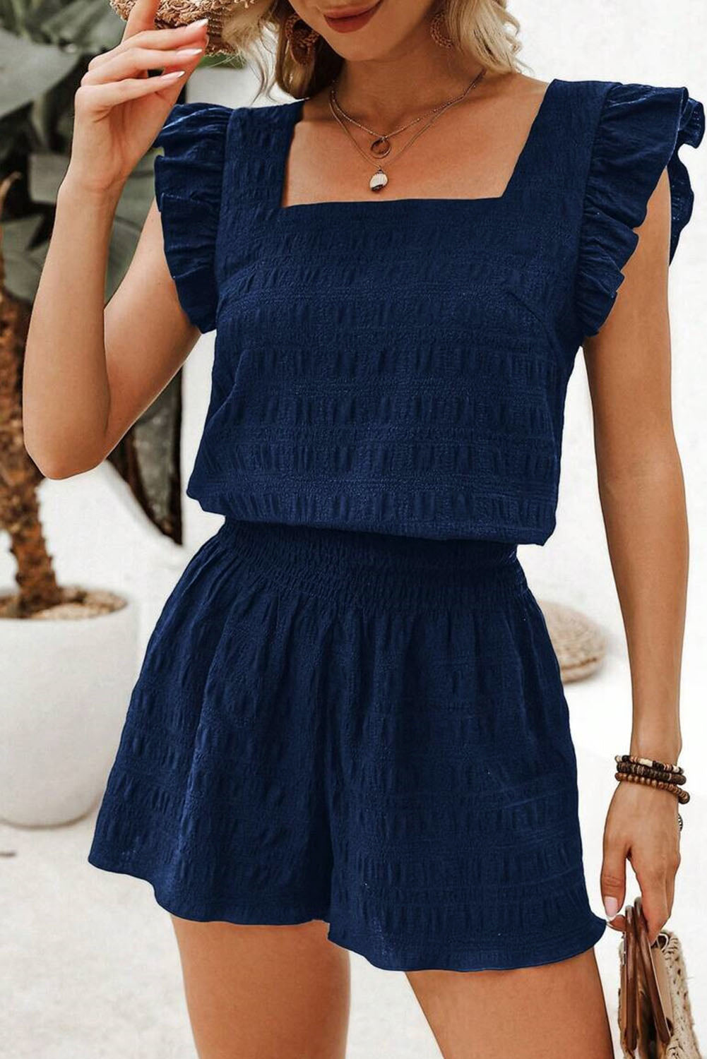 Women's Dark Green Textured Square Neck Top and Shirred High-Waist Shorts Set
