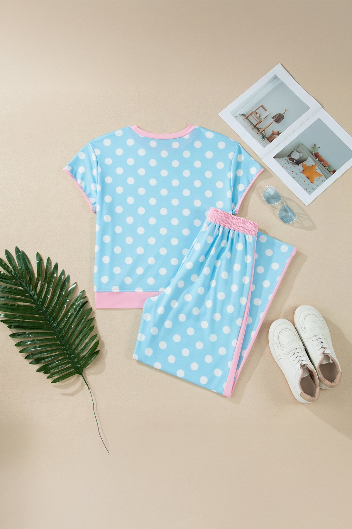 Women's Sky Blue Polka Dot Short-Sleeve Top & Pants Set
