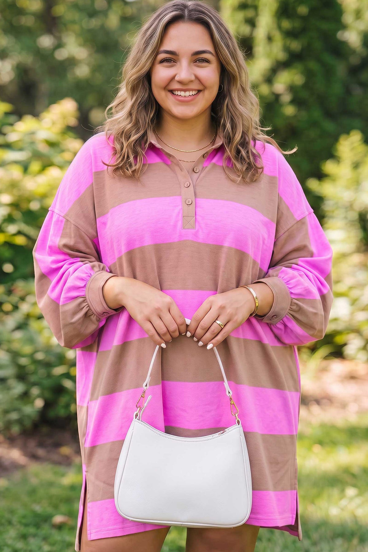 Rose Stripe Striped Color-Block Long-Sleeve V-Neck Shift Plus Size Dress