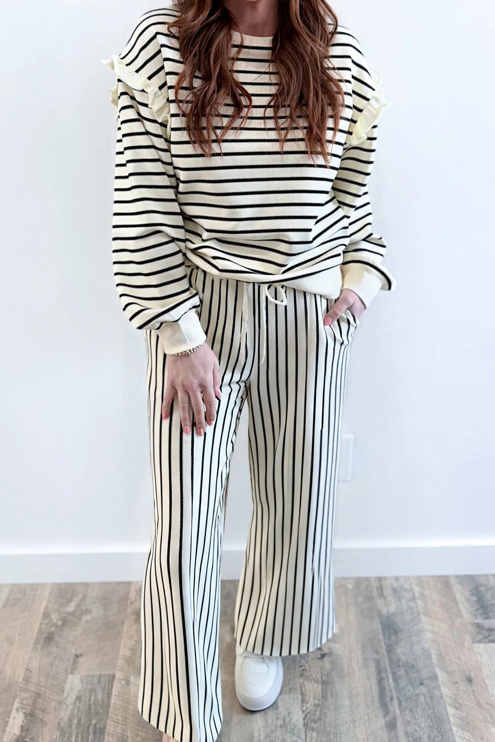 Women's White Stripe Ruffle Trim Drop Shoulder Top & Pants Two-Piece Set