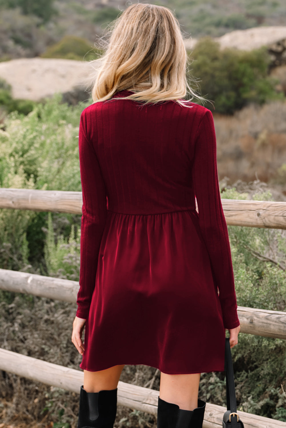 Red Dahlia Neck Ribbed Knit Patchwork Long Sleeve Mini Dress