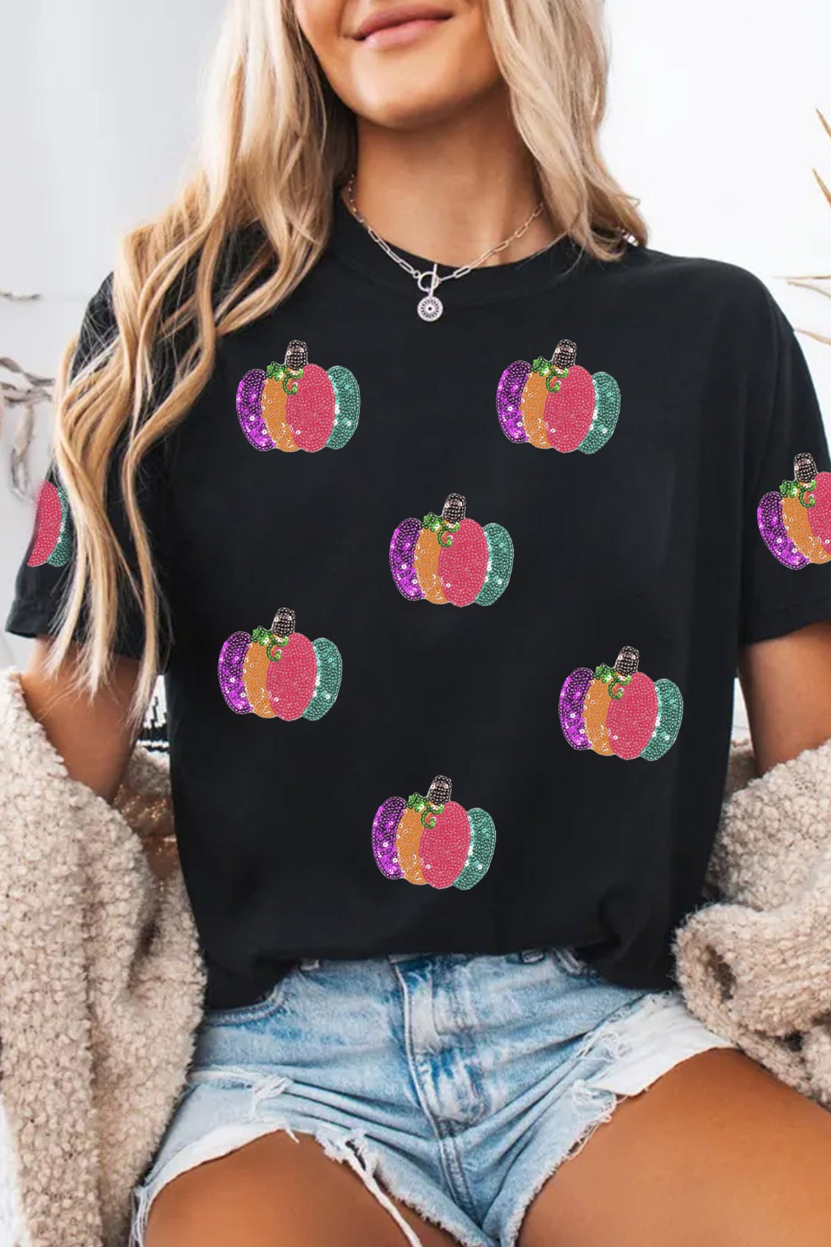 Black Sequined Pumpkin Graphic Round Neck Casual T-Shirt