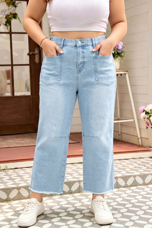 Beau Blue Plus Size Seam Patch Pocket Raw Cut Shift Jeans