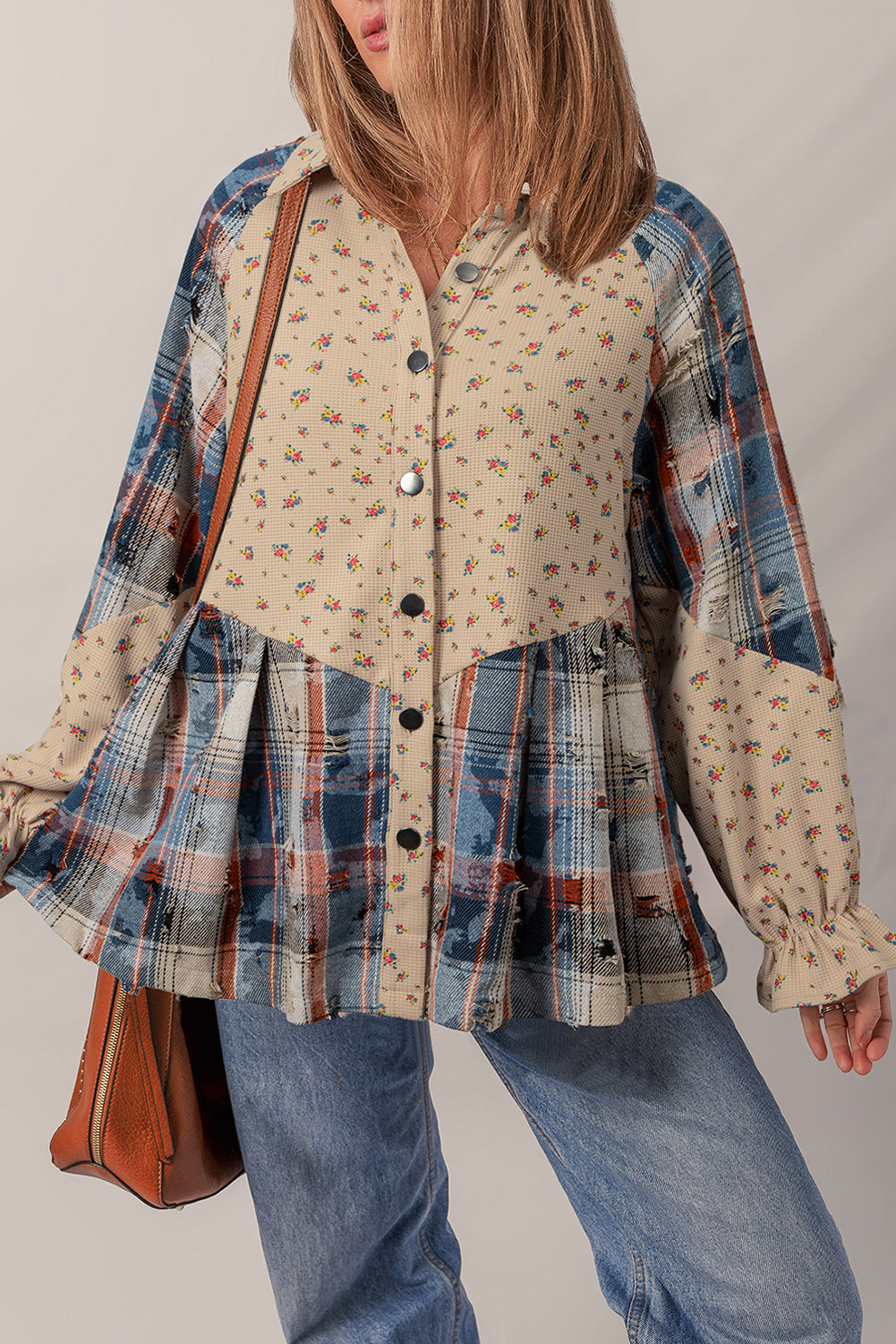 Oatmeal Boho Floral Plaid Distressed Ruffled Sleeve Waffle Knit Shacket