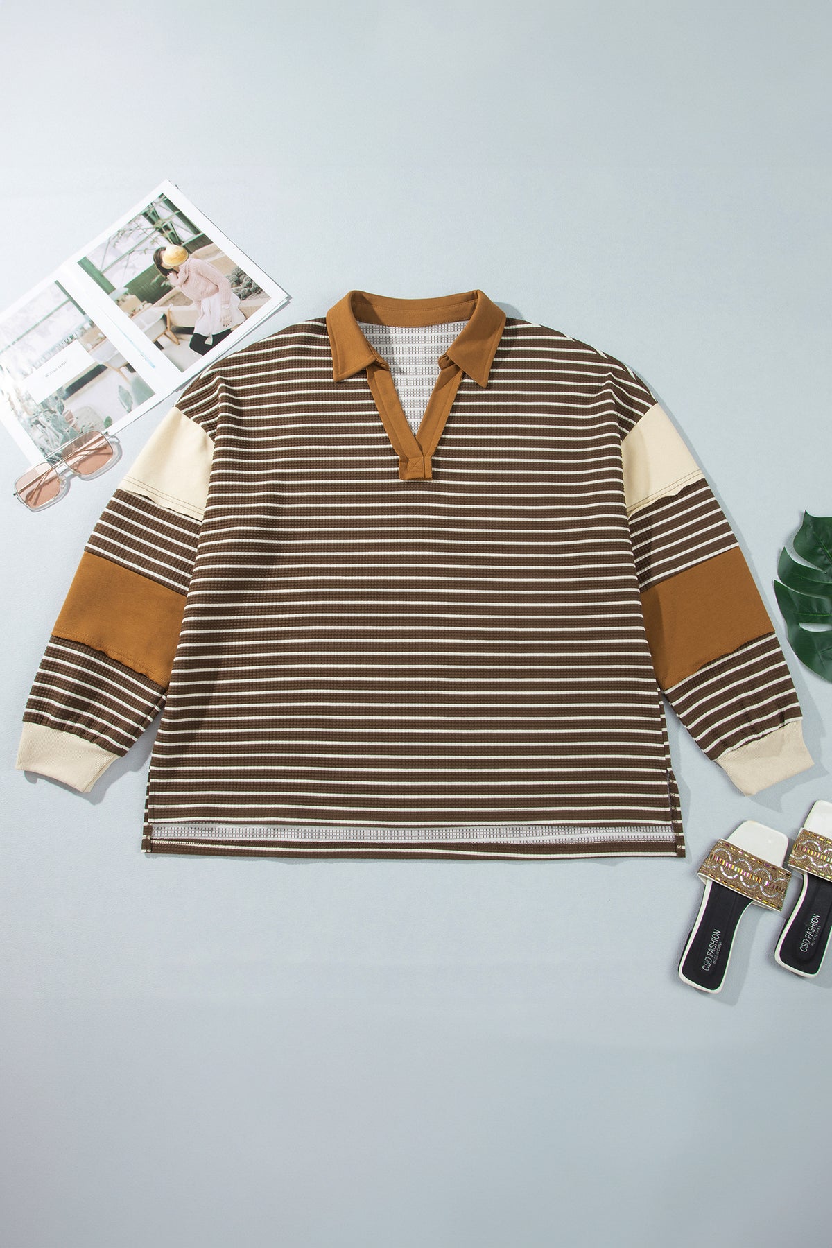 Brown Stripe Color-Block Detail Collar V-Neck Plus Size Long-Sleeve Top
