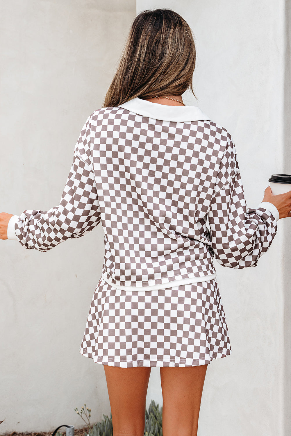 Khaki Checkered Print Polo Collar Cropped Long Sleeve Top Drawstring Mini Skort Set
