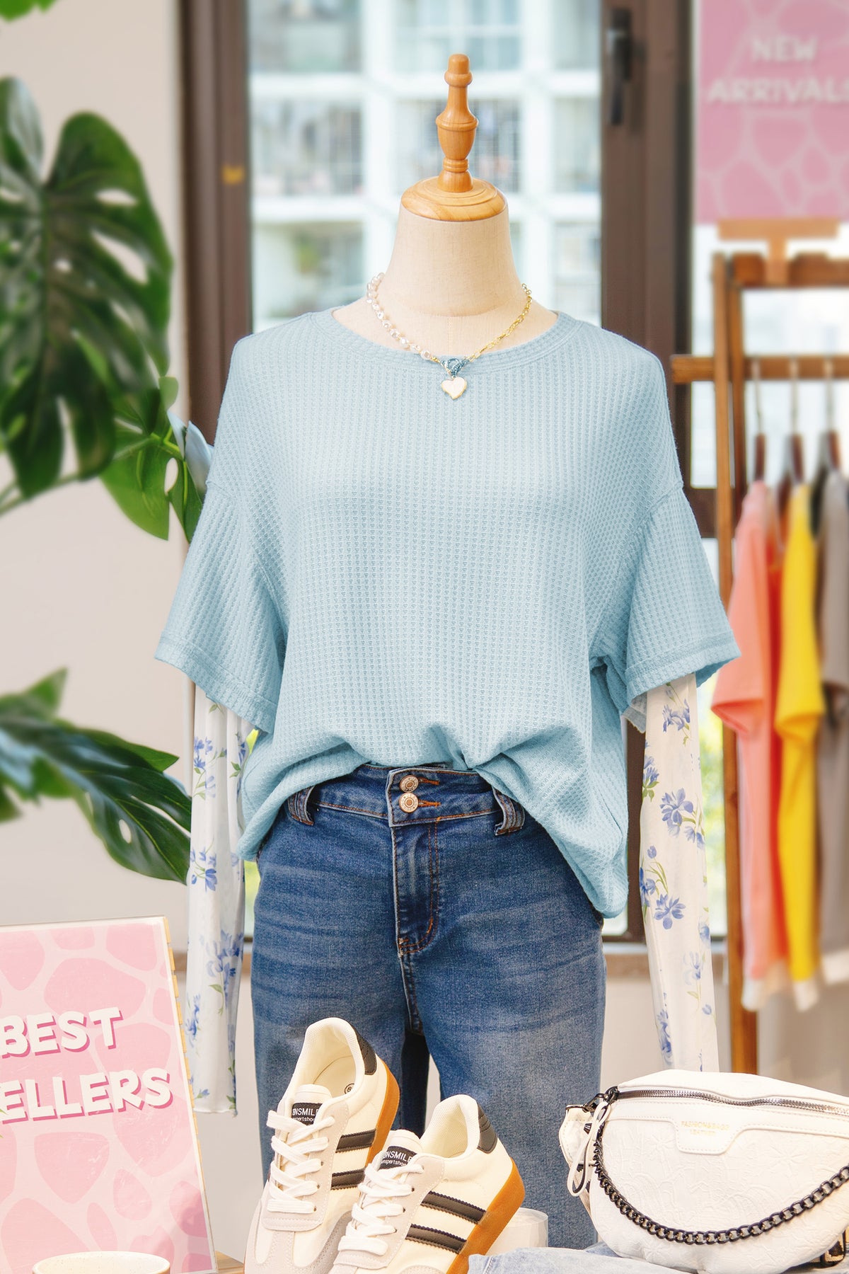 Beau Blue Floral Lace Sleeve Patchwork Waffle Faux Layered Top